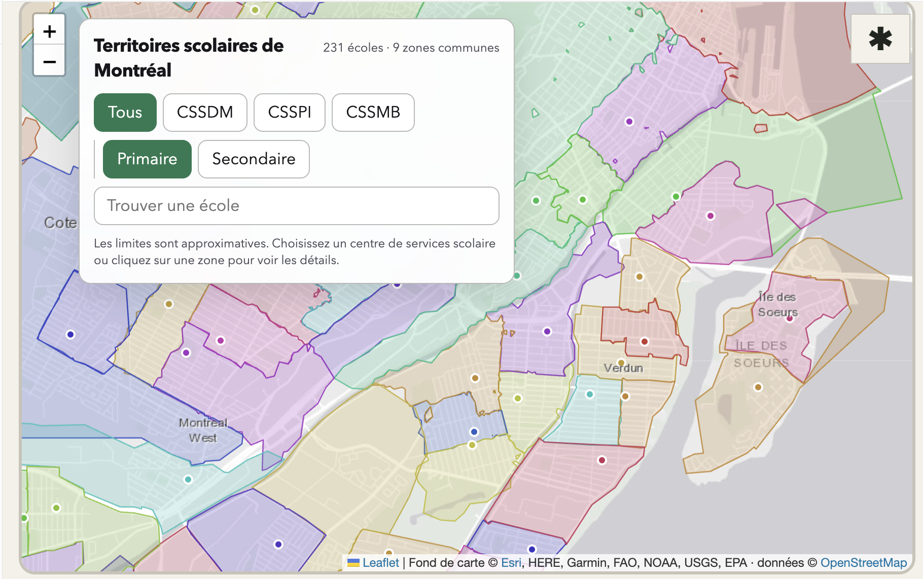 Carte des territoires scolaires de Montréal